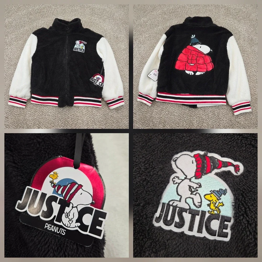 NEW Justice x Snoopy Girls Sherpa Jacket Black Full Zip Faux Fur (L 12/14)